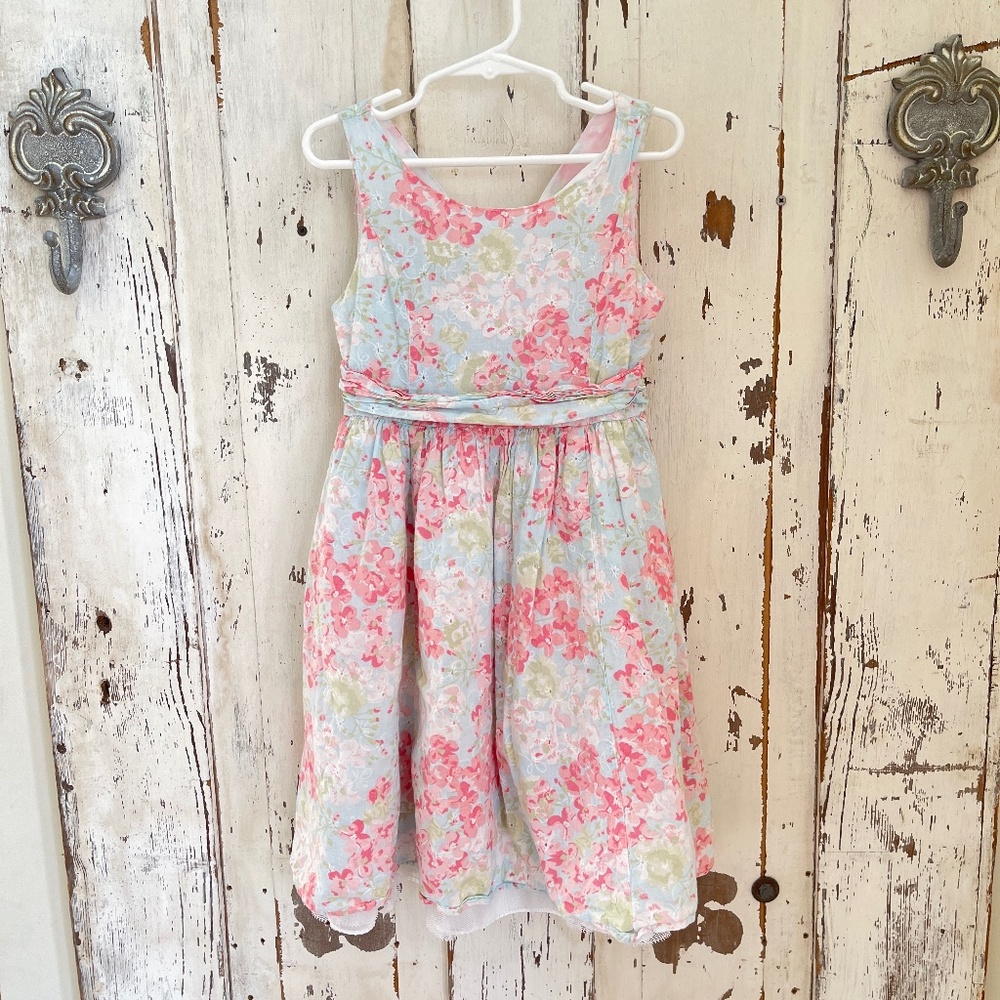 Perfectly Dressed Girls Size 6 Blue Pink Green White Cotton Eyelet Belted Dress